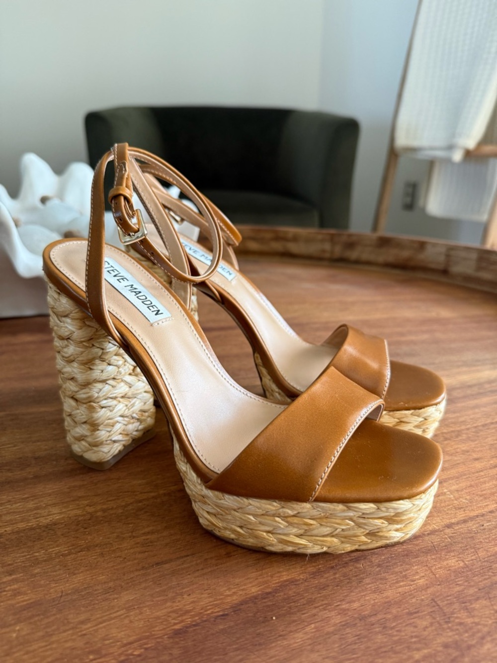 Steve Madden Cognac Braided-Platform Sandals - Picture 1 of 5